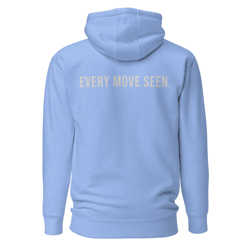 Every Move Seen — Carolina Blue hoodie — back view