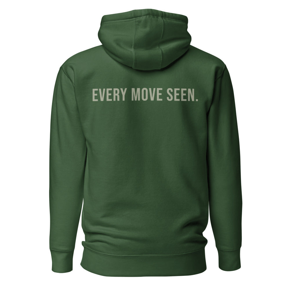 Every Move Seen — Forest Green hoodie — back view