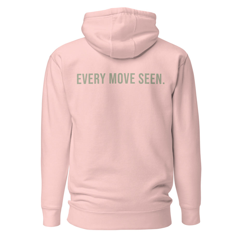 Every Move Seen — Light Pink hoodie — back view