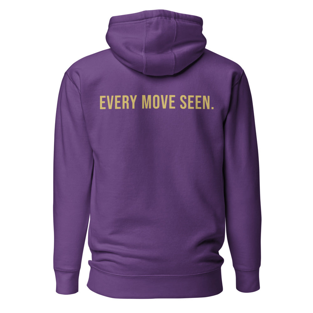 Every Move Seen — Purple hoodie back with Gold ink slogan