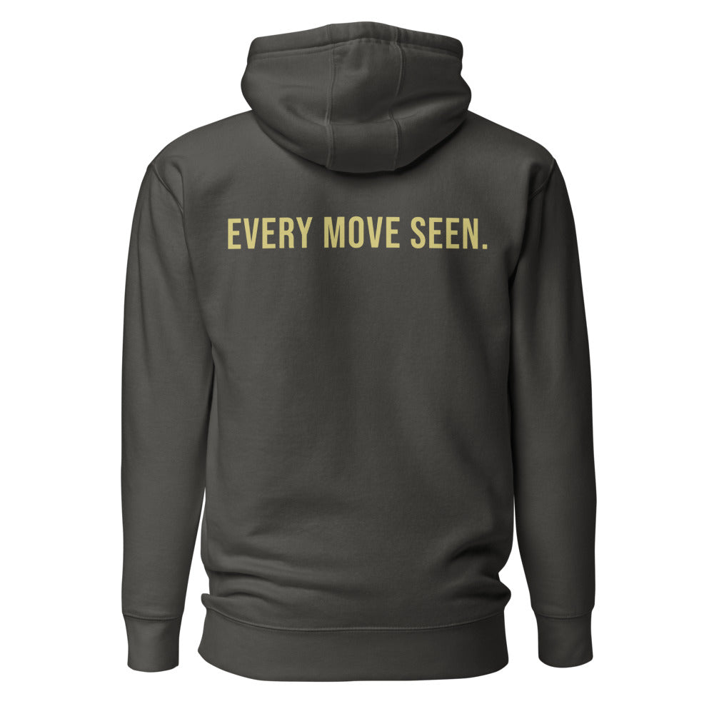 Every Move Seen — Premium Faith Hoodie — Vintage Black hoodie back with Butter ink slogan