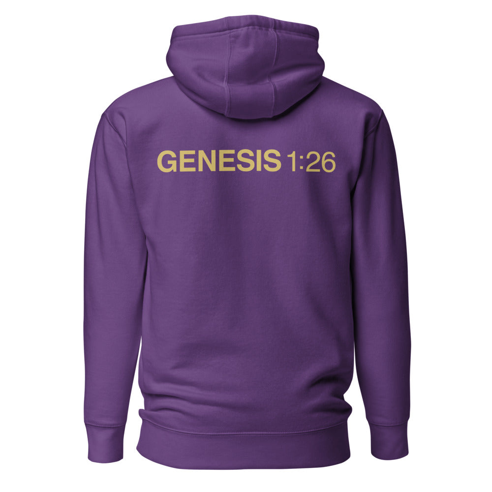 Genesis 1 26 — Purple hoodie back with Gold ink slogan
