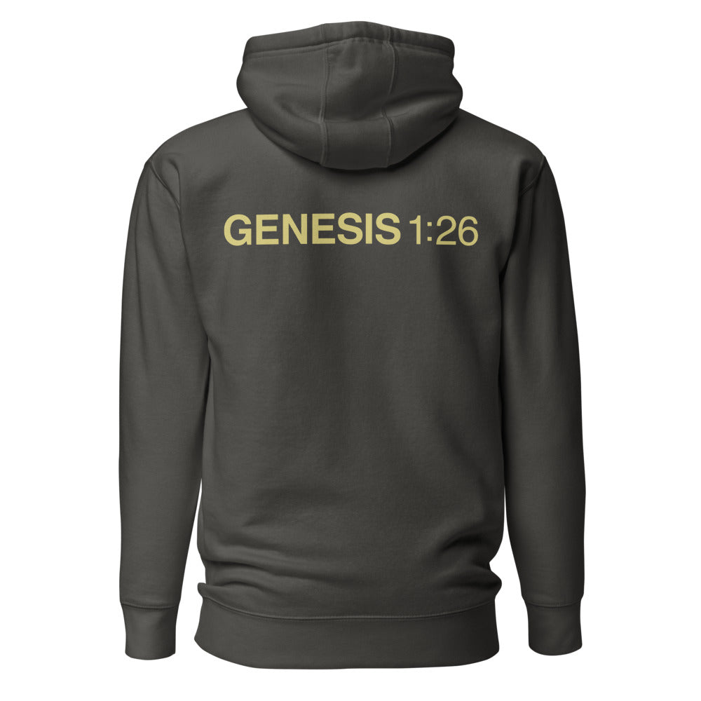 Genesis Hoodie — Embroidered — Vintage Black hoodie back with Butter ink slogan