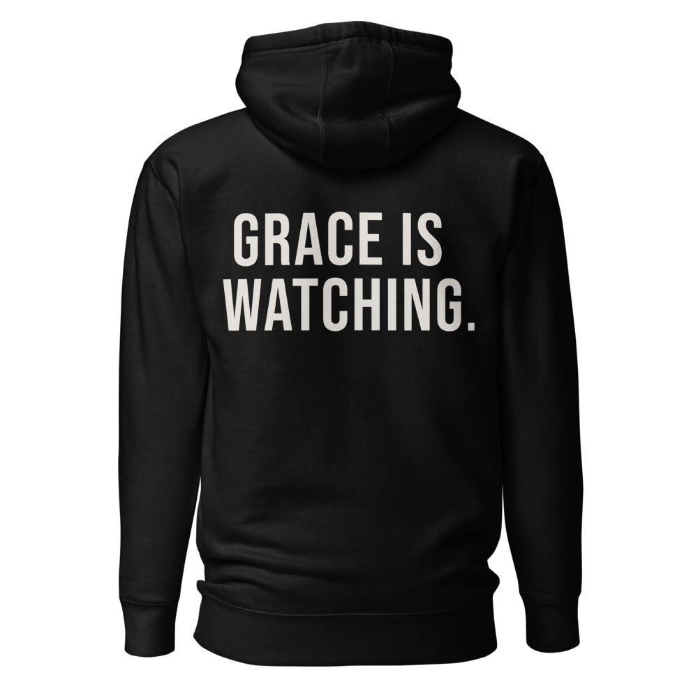 Grace Is Watching — Black hoodie — back view