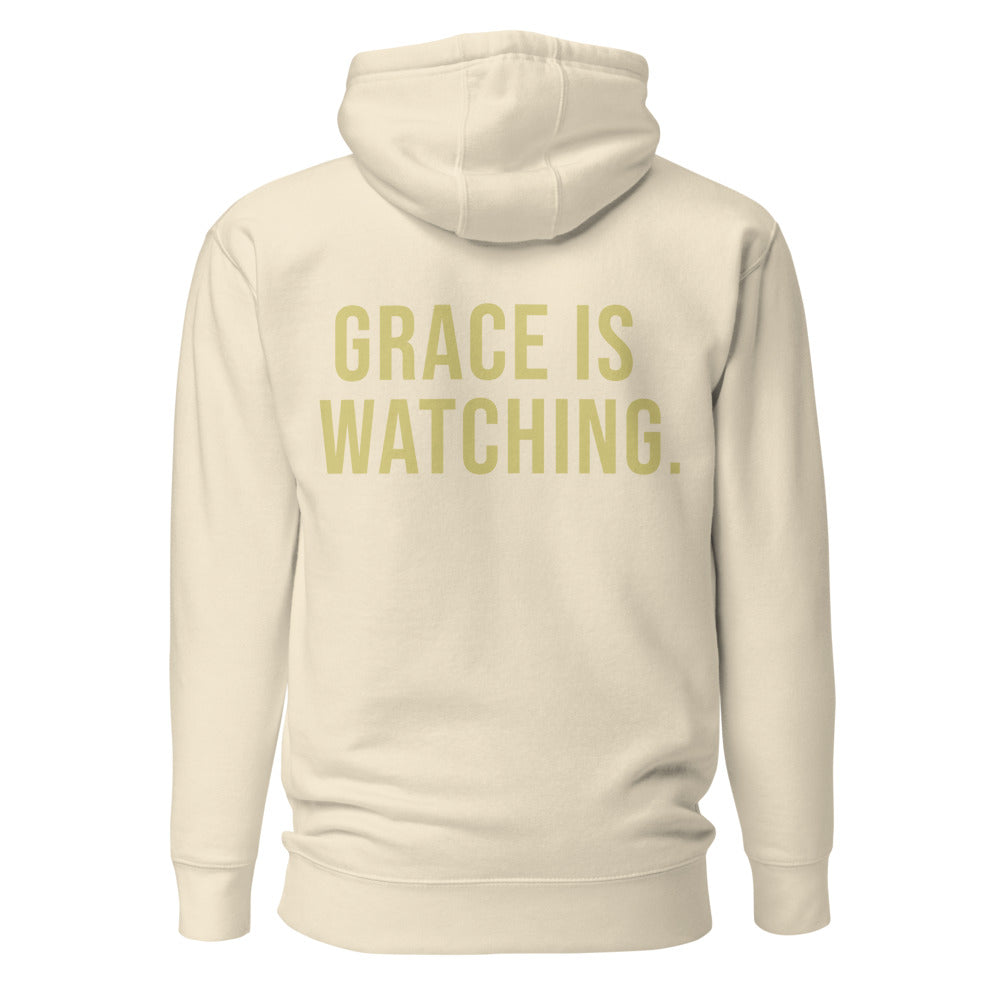 Grace Is Watching — Bone hoodie back with Butter ink slogan