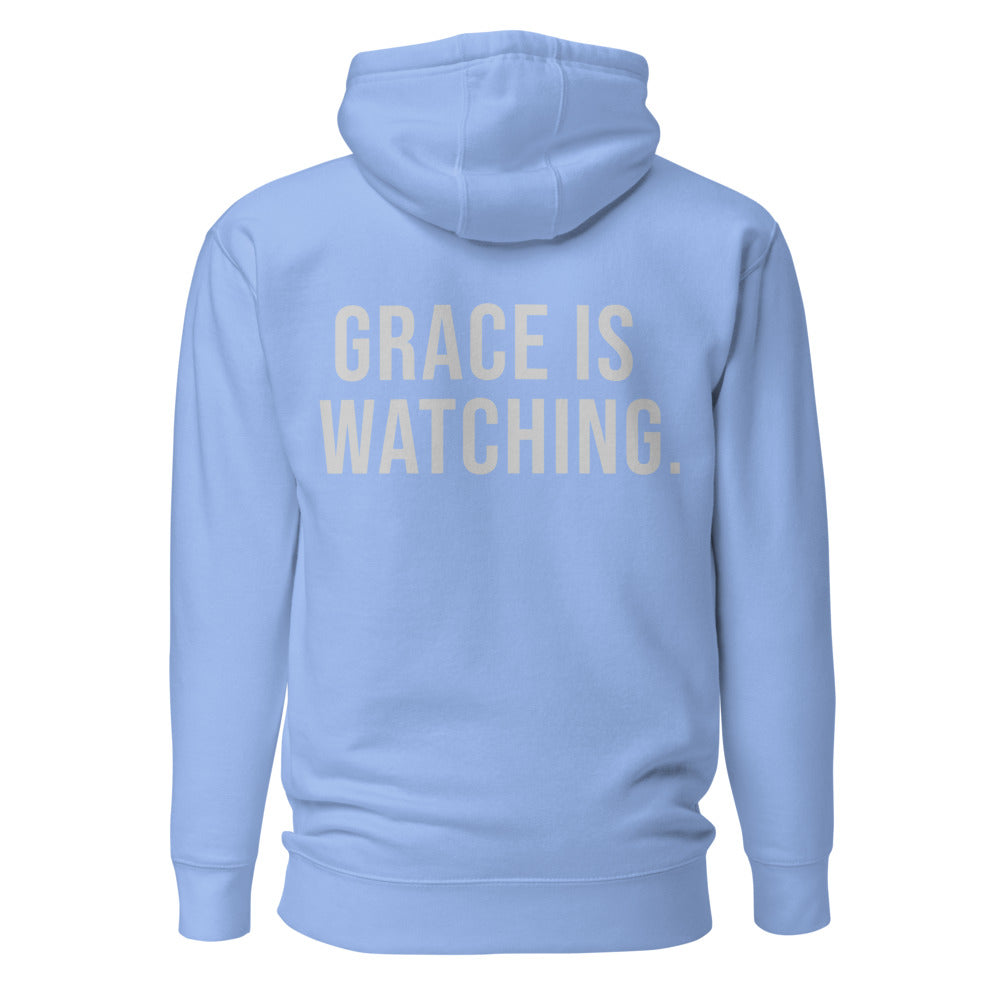 Grace Is Watching — Carolina Blue hoodie — back view