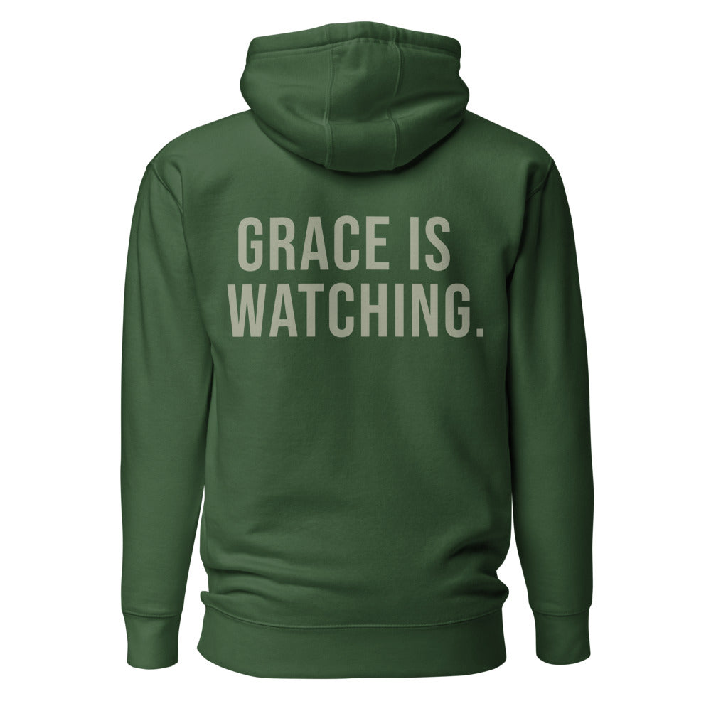 Grace Is Watching — Forest Green hoodie — back view