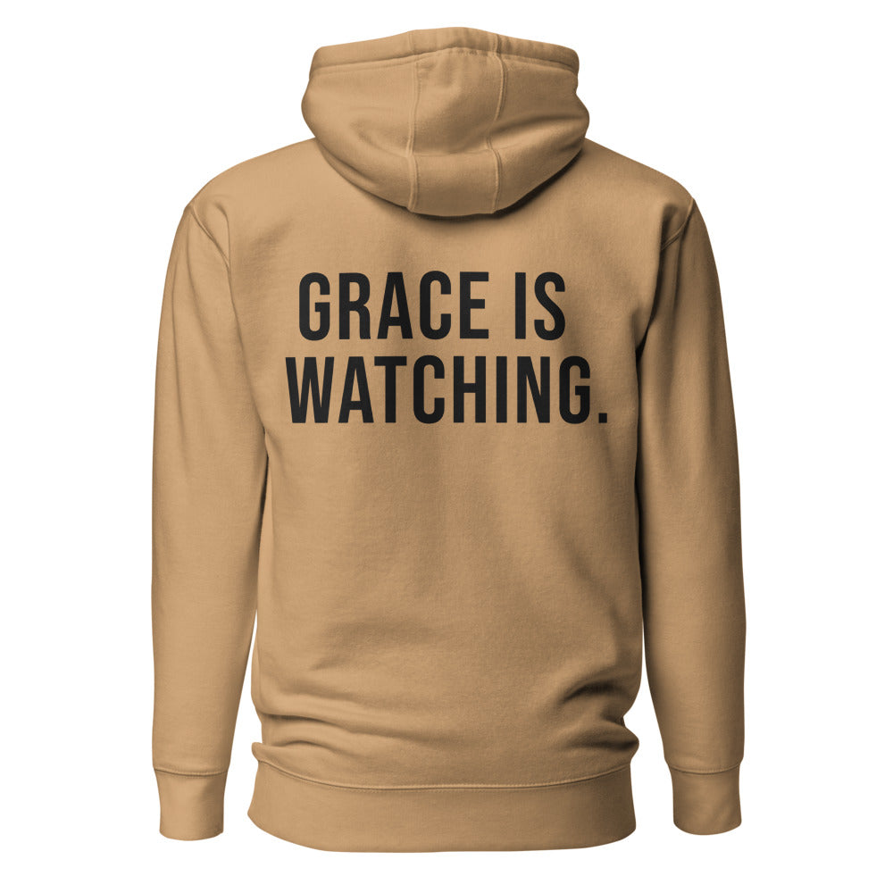 Grace Is Watching — Khaki hoodie — back view