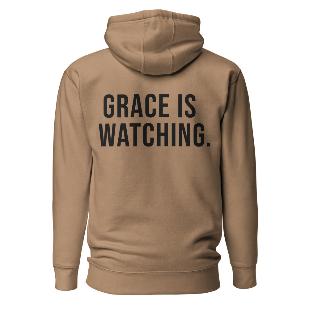 Grace Is Watching — Latte hoodie — back view