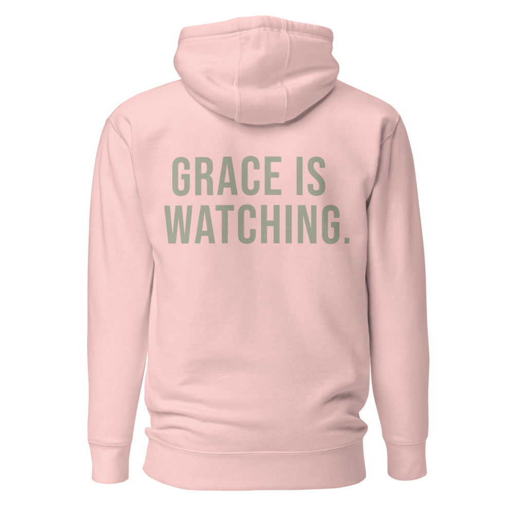 Grace Is Watching — Light Pink hoodie — back view