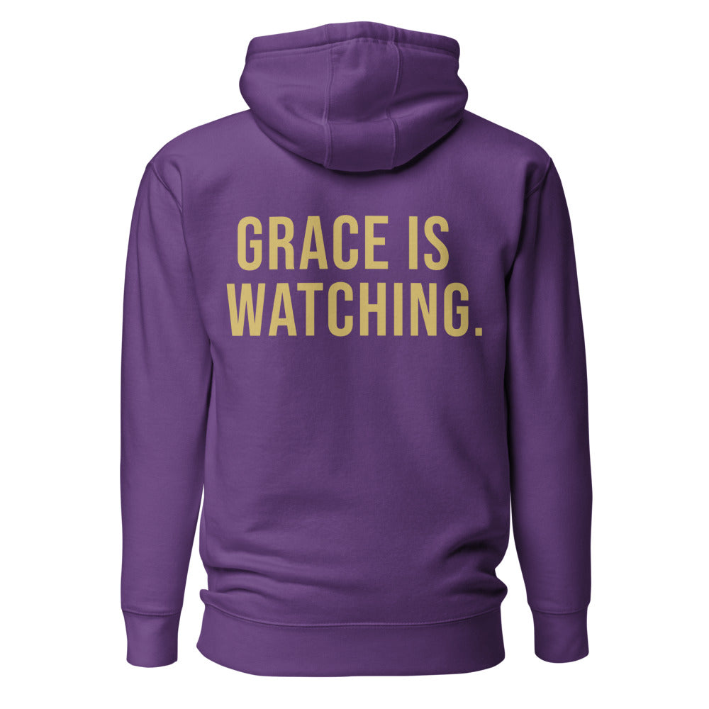 Grace Is Watching — Purple hoodie back with Gold ink slogan