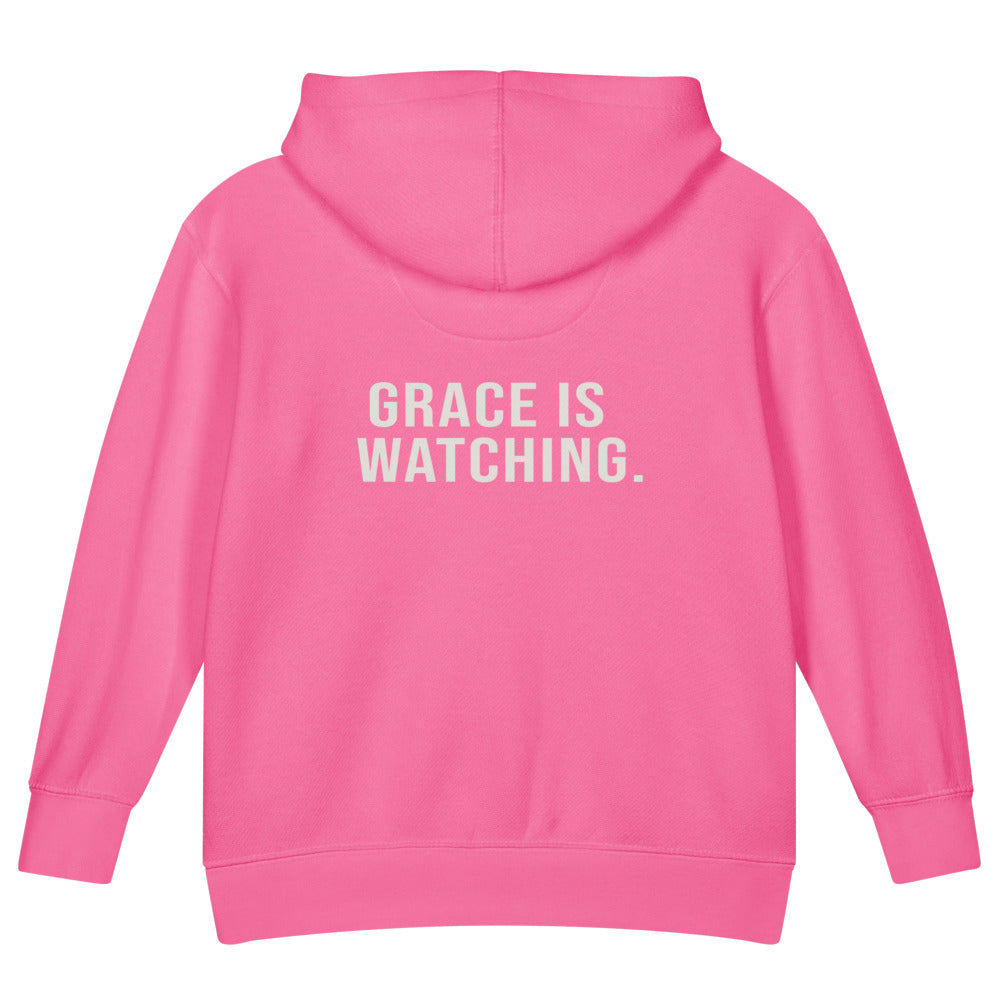 Grace Is Watching — Kids Faith Hoodie - Raspberry back