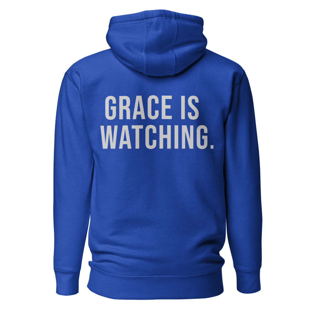 Grace Is Watching — Embroidered Faith Hoodie — Team Royal back with Cool Gray slogan