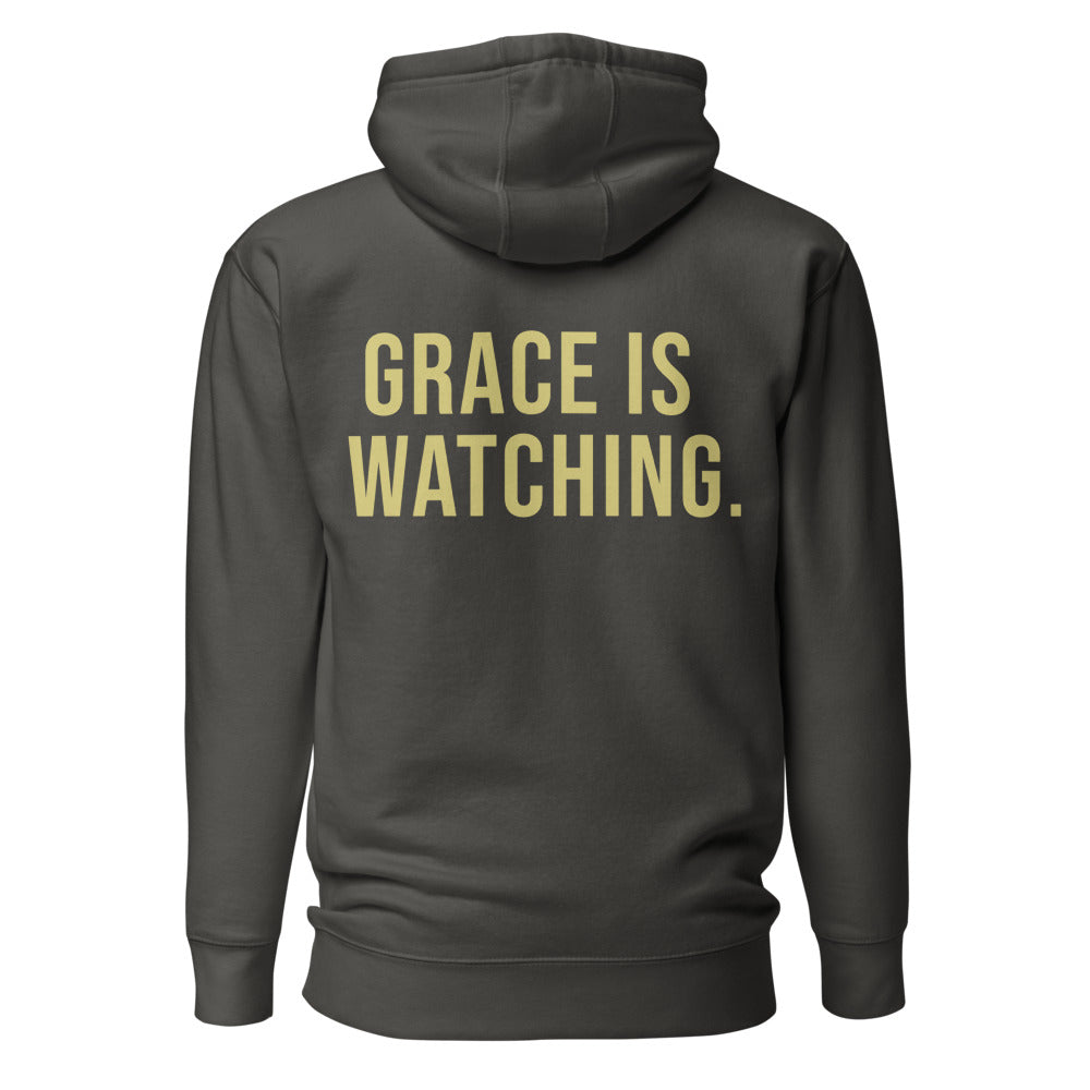 Grace Is Watching — Premium Faith Hoodie — Vintage Black hoodie back with Butter ink slogan