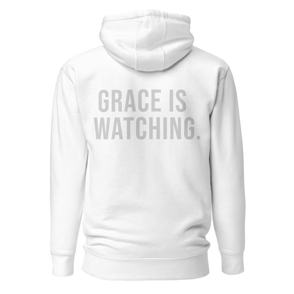Grace Is Watching — White hoodie — back view