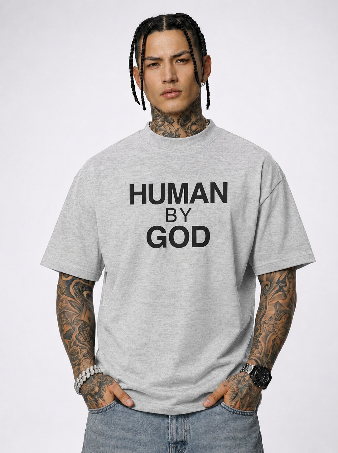 Human By God t-shirt model - Heather Grey