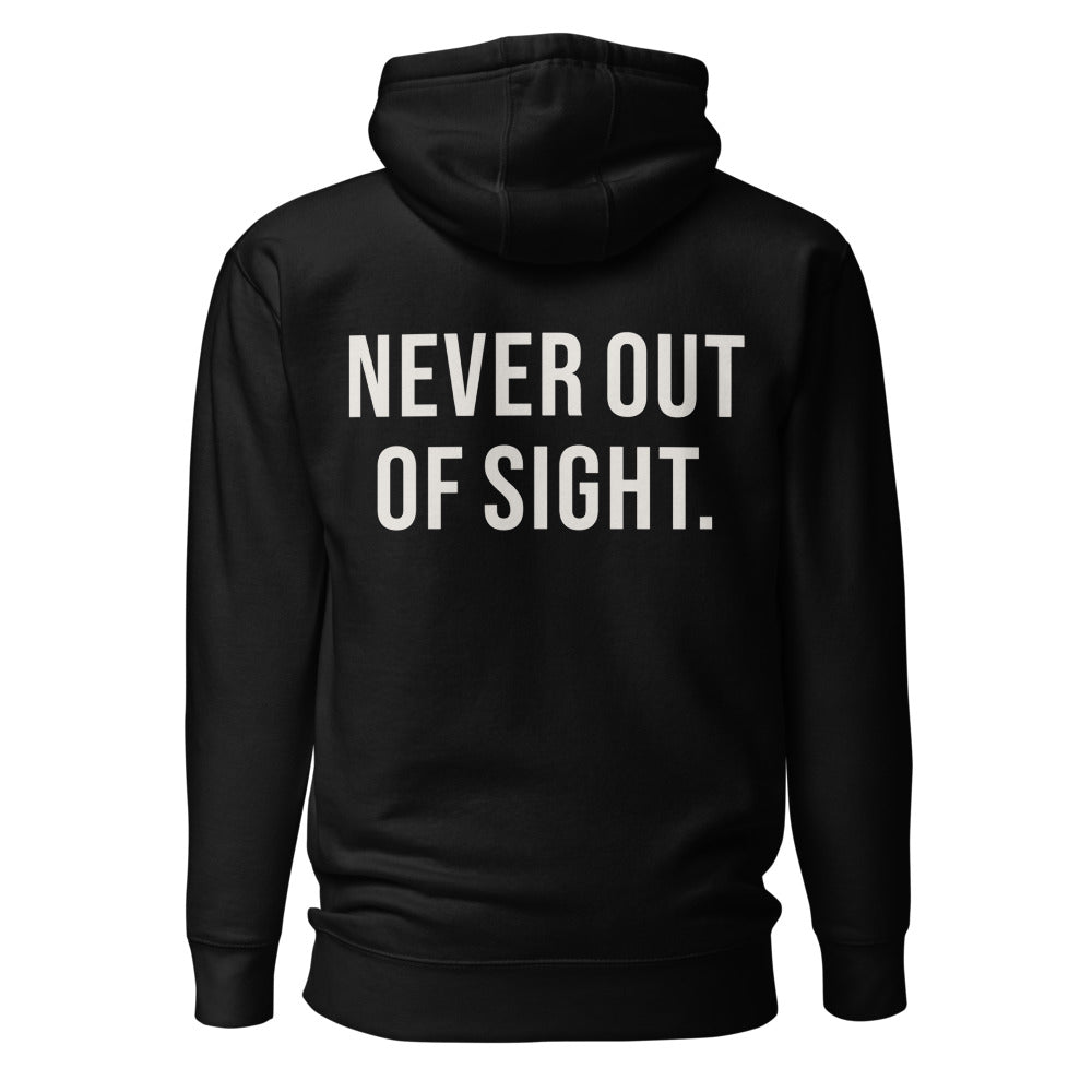 Never Out of Sight — Black hoodie — back view