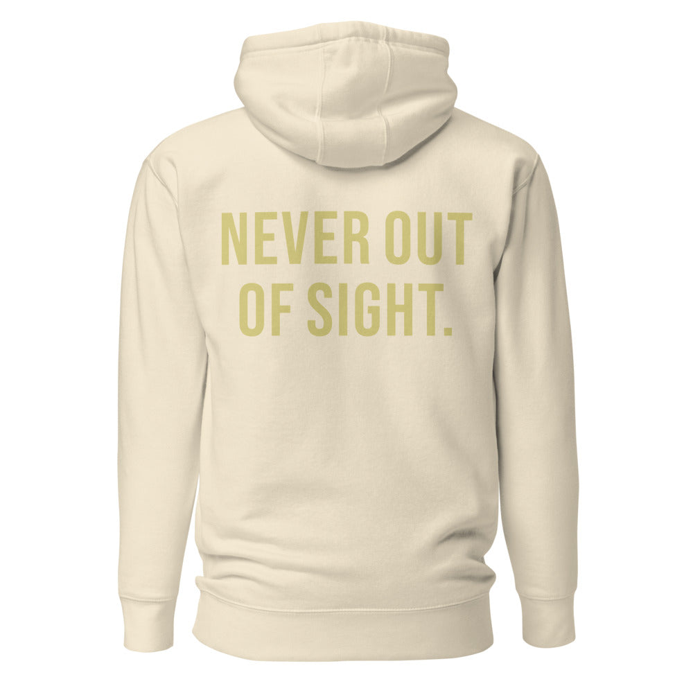 Never Out Of Sight — Bone hoodie back with Butter ink slogan