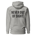 Never Out of Sight — Carbon Grey hoodie back with black slogan