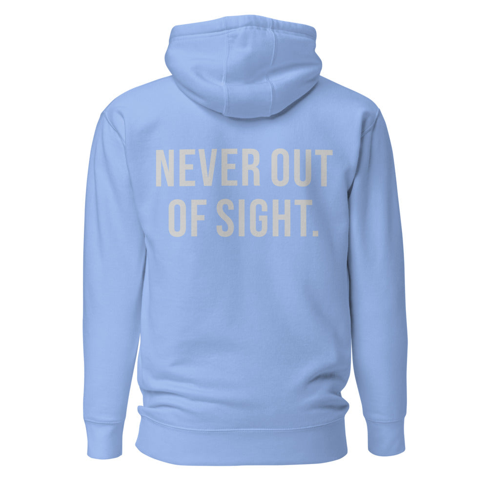 Never Out of Sight — Carolina Blue hoodie — back view