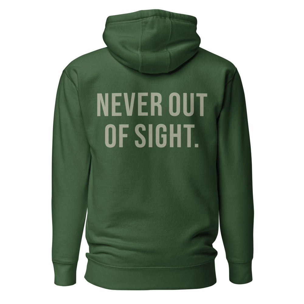 Never Out of Sight — Forest Green hoodie — back view