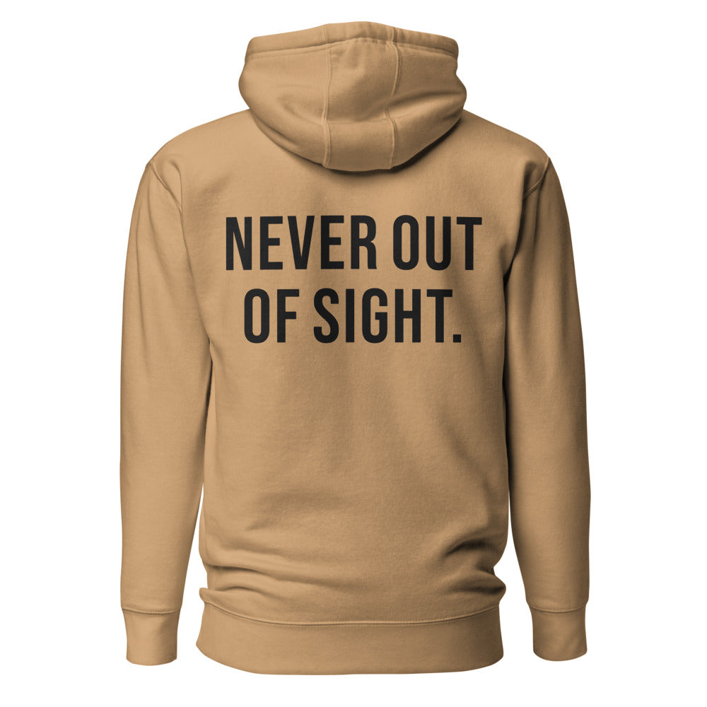 Never Out of Sight — Khaki hoodie — back view