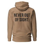 Never Out of Sight — Latte hoodie — back view