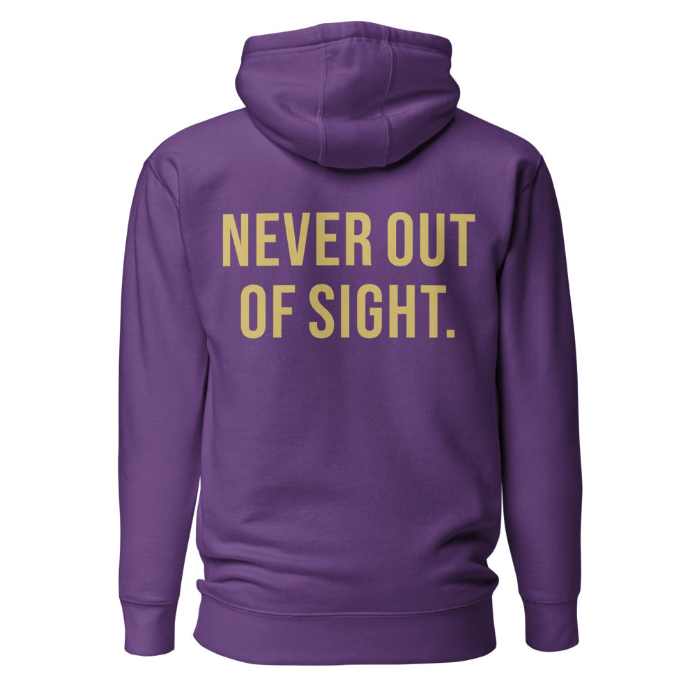Never Out Of Sight — Purple hoodie back with Gold ink slogan