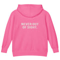 Never Out of Sight — Kids Faith Hoodie - Raspberry back