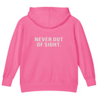 Never Out of Sight — Kids Faith Hoodie - Raspberry back