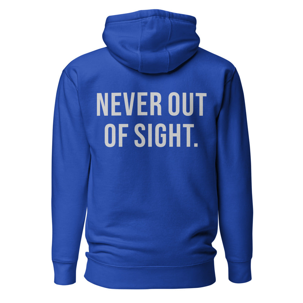 Never Out of Sight — Embroidered Faith Hoodie — Team Royal back with Cool Gray slogan