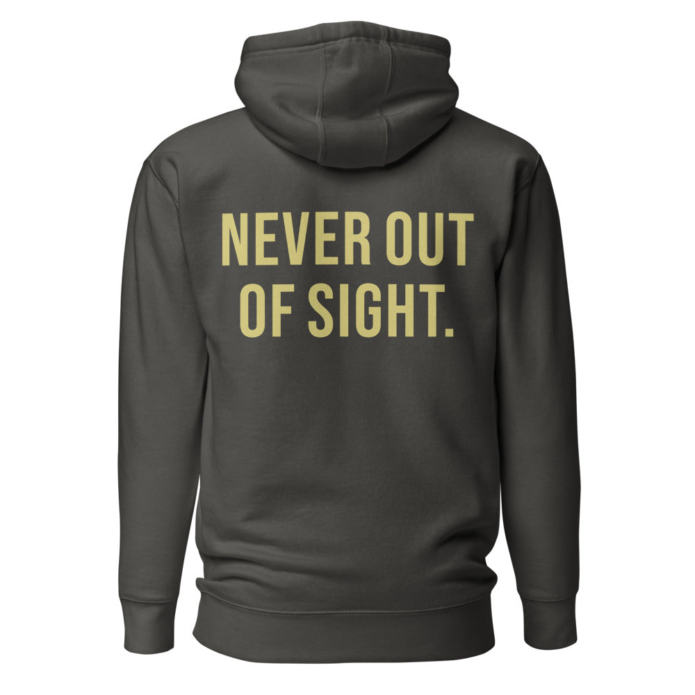 Never Out of Sight — Premium Faith Hoodie — Vintage Black hoodie back with Butter ink slogan