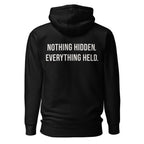 Nothing Hidden. Everything Held. — Black hoodie — back view