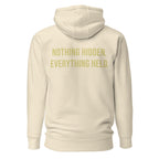 Nothing Hidden Everything Held — Bone hoodie back with Butter ink slogan