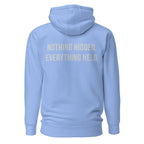 Nothing Hidden. Everything Held. — Carolina Blue hoodie — back view