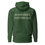 Nothing Hidden. Everything Held. — Forest Green hoodie — back view