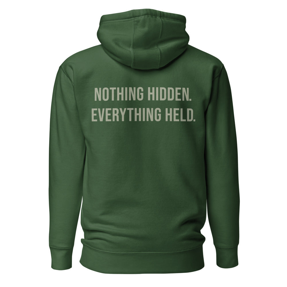 Nothing Hidden. Everything Held. — Forest Green hoodie — back view