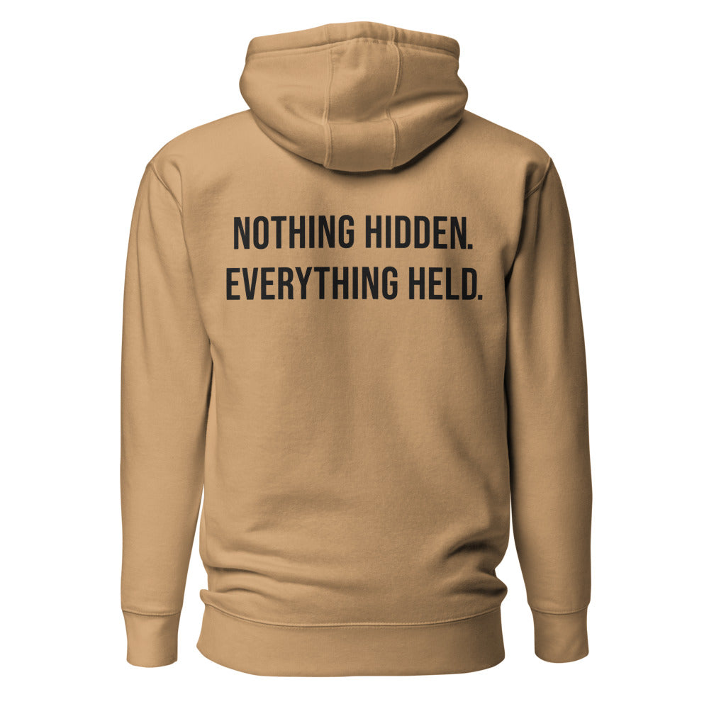 Nothing Hidden. Everything Held. — Khaki hoodie — back view
