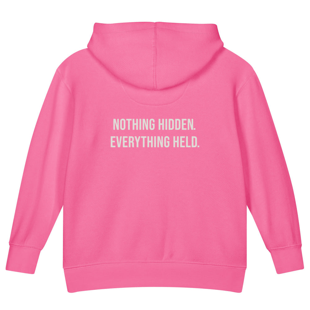 Nothing Hidden. Everything Held. — Kids Faith Hoodie - Raspberry back