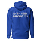 Nothing Hidden. Everything Held. — Premium Faith Hoodie — Team Royal back with Cool Gray slogan