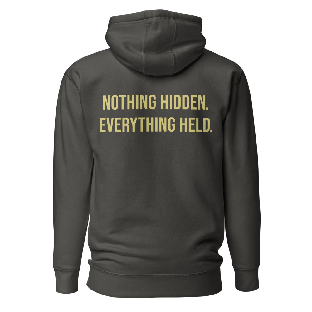 Nothing Hidden. Everything Held. — Embroidered Faith Hoodie — Vintage Black hoodie back with Butter ink slogan