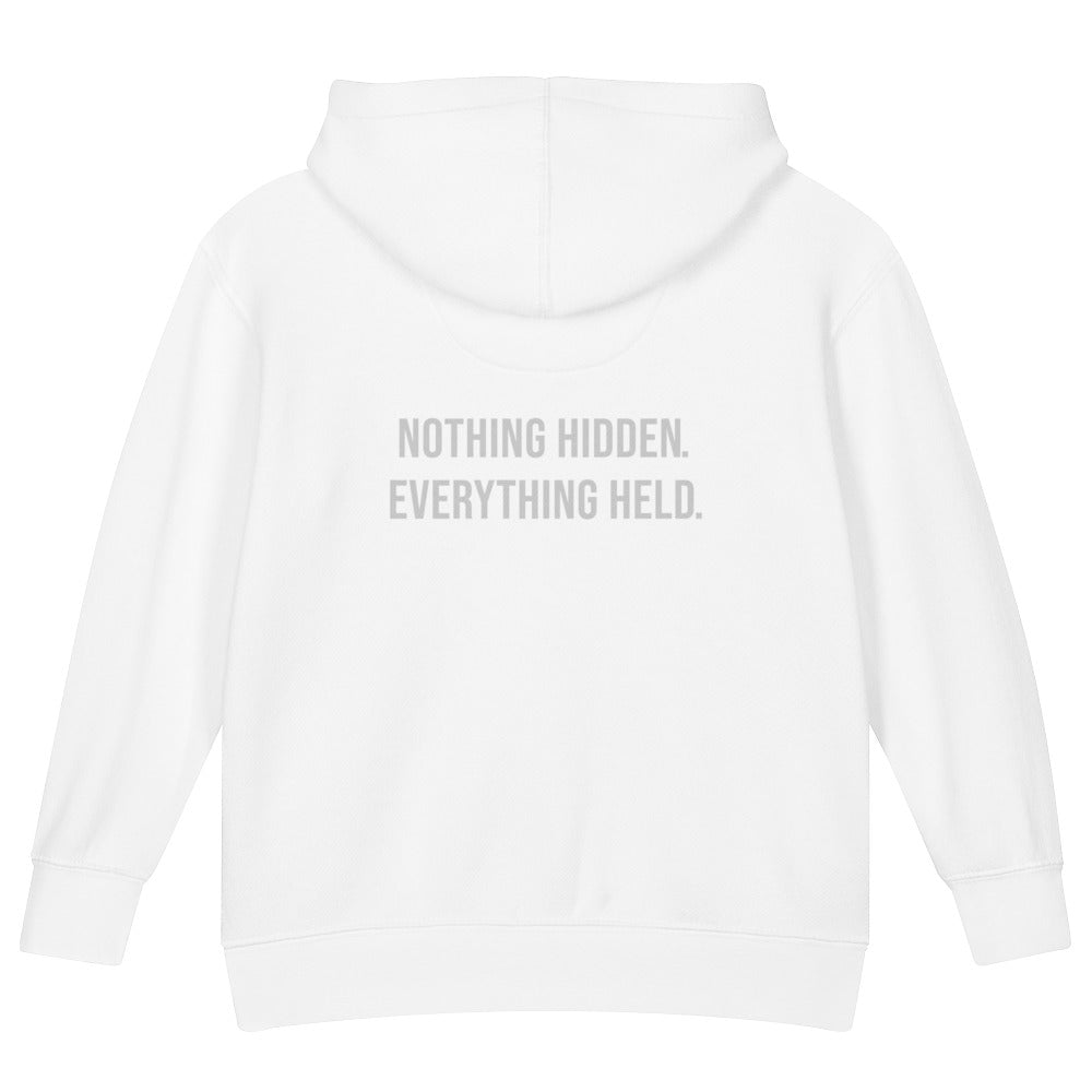 Nothing Hidden. Everything Held. — Kids Faith Hoodie - White back