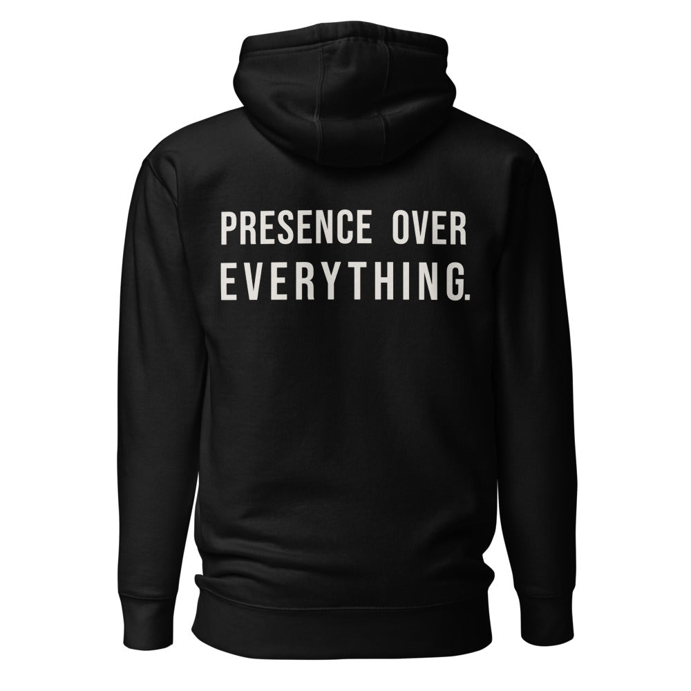 Presence Over Everything — Black hoodie — back view