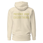 Presence Over Everything — Bone hoodie back with Butter ink slogan