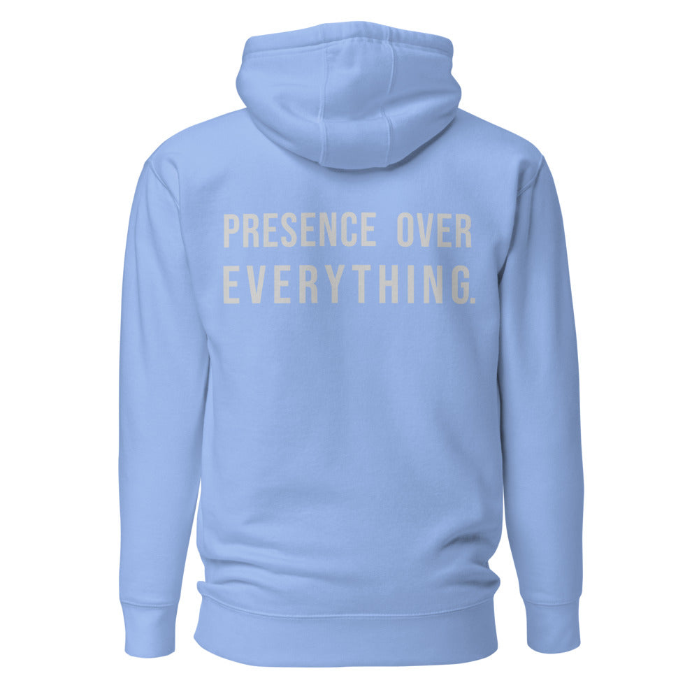 Presence Over Everything — Carolina Blue hoodie — back view
