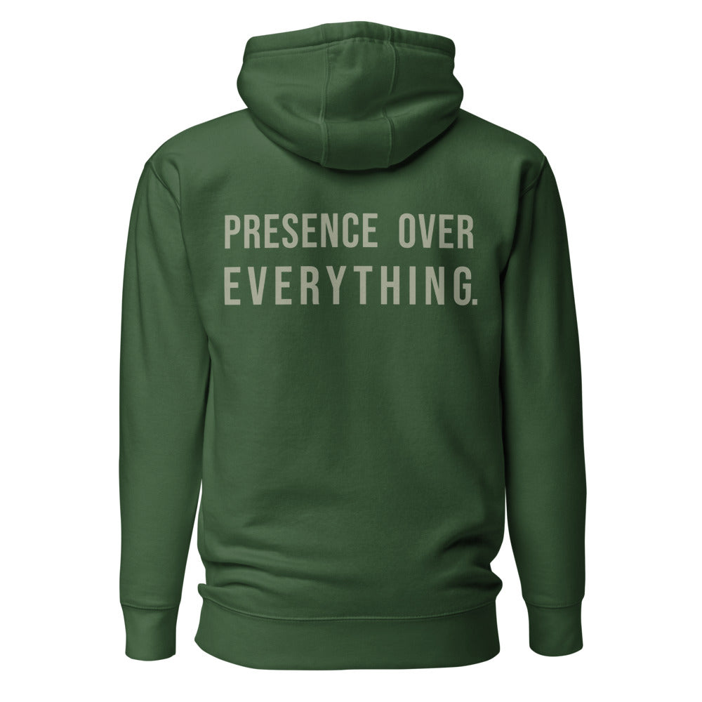 Presence Over Everything — Forest Green hoodie — back view