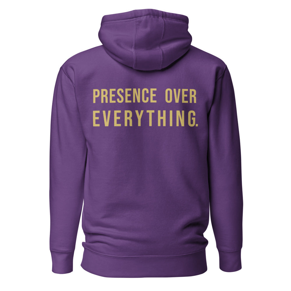 Presence Over Everything — Purple hoodie back with Gold ink slogan