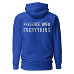 Presence Over Everything — Premium Faith Hoodie — Team Royal back with Cool Gray slogan