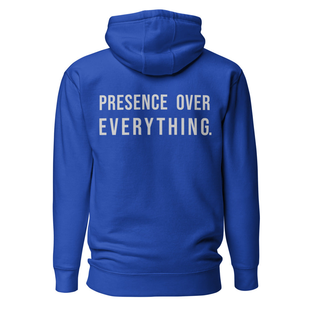 Presence Over Everything — Premium Faith Hoodie — Team Royal back with Cool Gray slogan