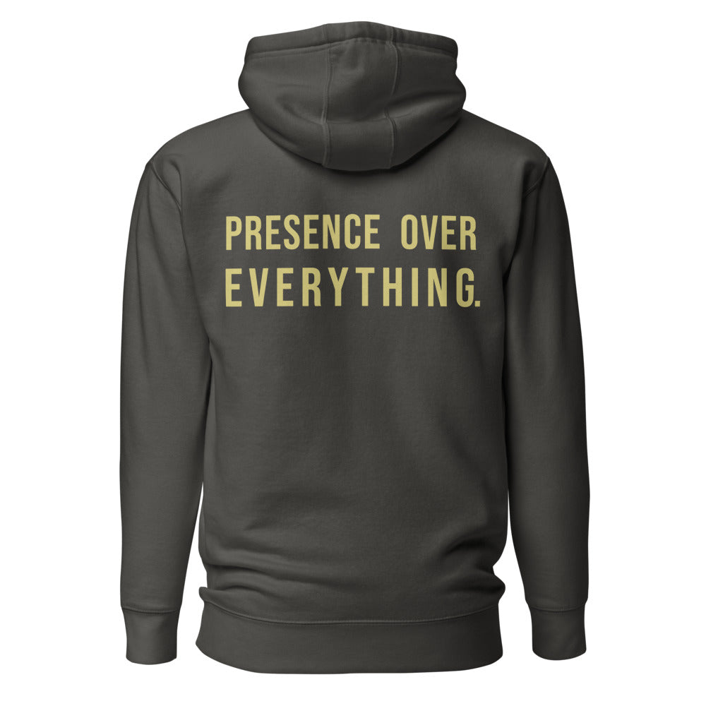 Presence Over Everything — Embroidered Faith Hoodie — Vintage Black hoodie back with Butter ink slogan